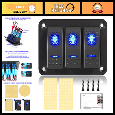 Waterproof 3 Gang Toggle Switch Panel, 12V/24V Rocker Switch with Blue LED for C