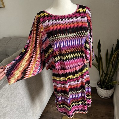 Vintage Olivia Matthews Medium Groovy Print Dress Elastic Waist Tie Flowy Retro