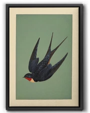 Vintage Swallow Bird Art, Framed Lithograph Print, Art Deco Wall Poster