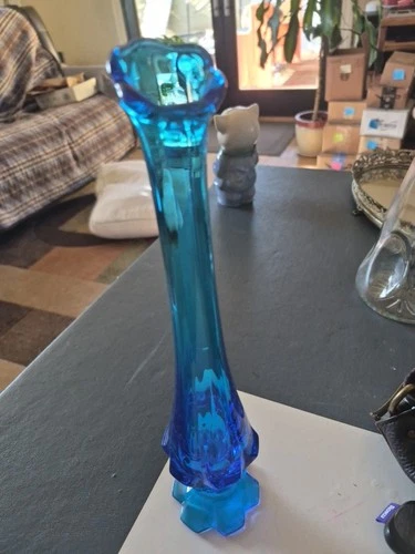 Vintage Fenton Valencia Swung Bud Vase Colonial Blue Footed Art Glass 12"