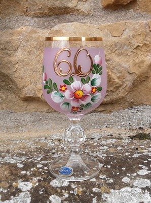 ***VINTAGE WEINGLAS*EMAILLE~MALEREI*60*BLUMEN*BOHEMIA CRYSTAL*GOLDRAND***