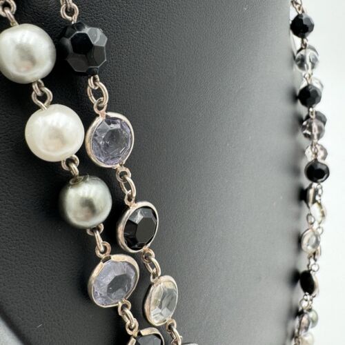 Premier Designs Station Necklace Silver Tone Black White Gray Clear Beads 60" - Picture 12 of 13