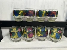 Vintage 1970's  Libbey Stained Glass Drinkware Colorful Fruit Tumblers, Set of 8