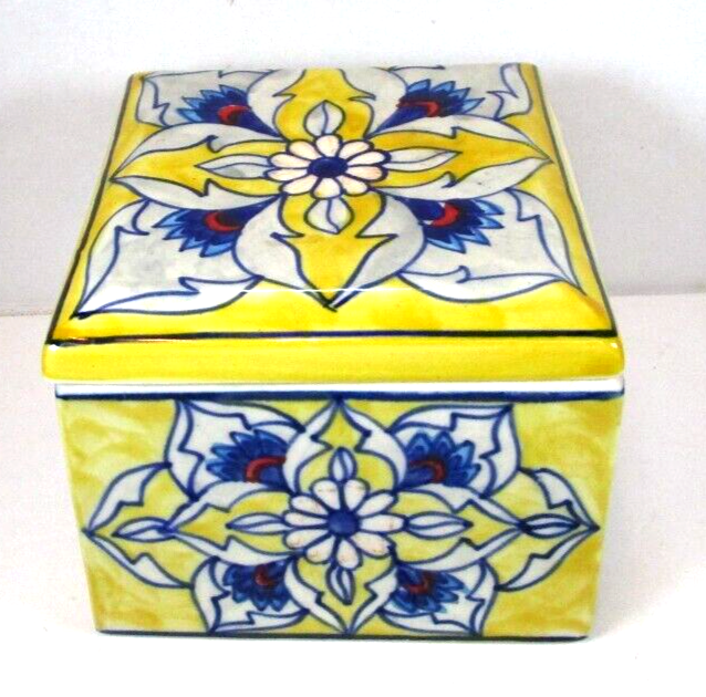 Talavera Style Porcelain Square Trinket Box Yellow Blue White 5x5-image