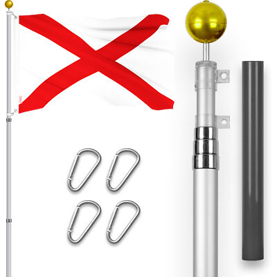 Combo: 16 Ft Telescoping Flagpole Silver & Alabama AL State Flag 3x5 Ft Emb 300D