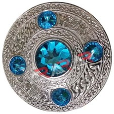 Scottish Fly Plaid Brooch Highland Celtic Kilt 5 Sky Blue Stone Silver 4" AAR