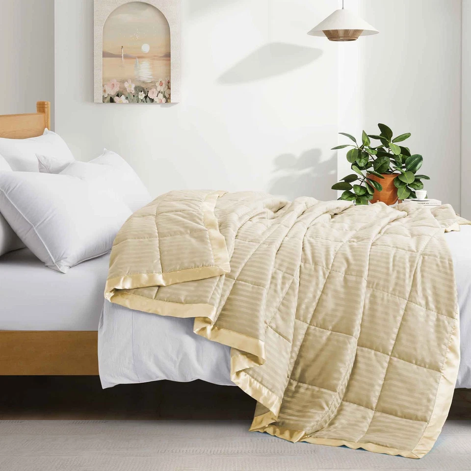 Hotel Oversized Bed Blanket Jacquard Strip Satin Edge, King or Queen Comforter - Image 2 of 4