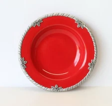 Arthur Court Red Earthen Metalware Holly Pattern 9.5 Inch Large Rim Soup Bowl