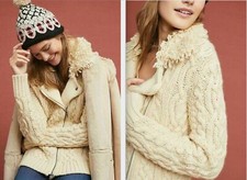 Anthropologie MOTH Moto Jacket Knit Fringe Collar Cream Sweater S NWT MSRP $258