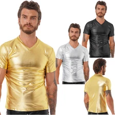 Men Shiny Metallic T-Shirt Tops Faux Leather Tee Short Sleeve Stage Show Costume