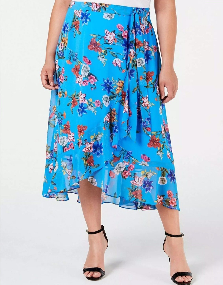 Calvin Klein Plus Size Ruffled Faux-Wrap Midi Skirt 20W Blue NWT