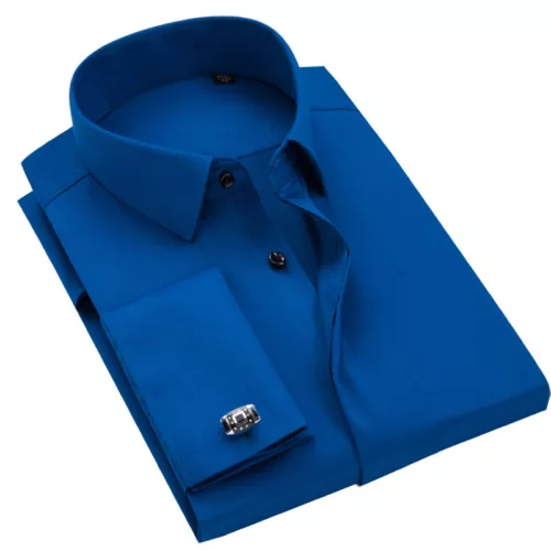 Camisas formales de oficina para hombre manga larga puño francés sin gemelos vestido boda - Imagen 8 de 29