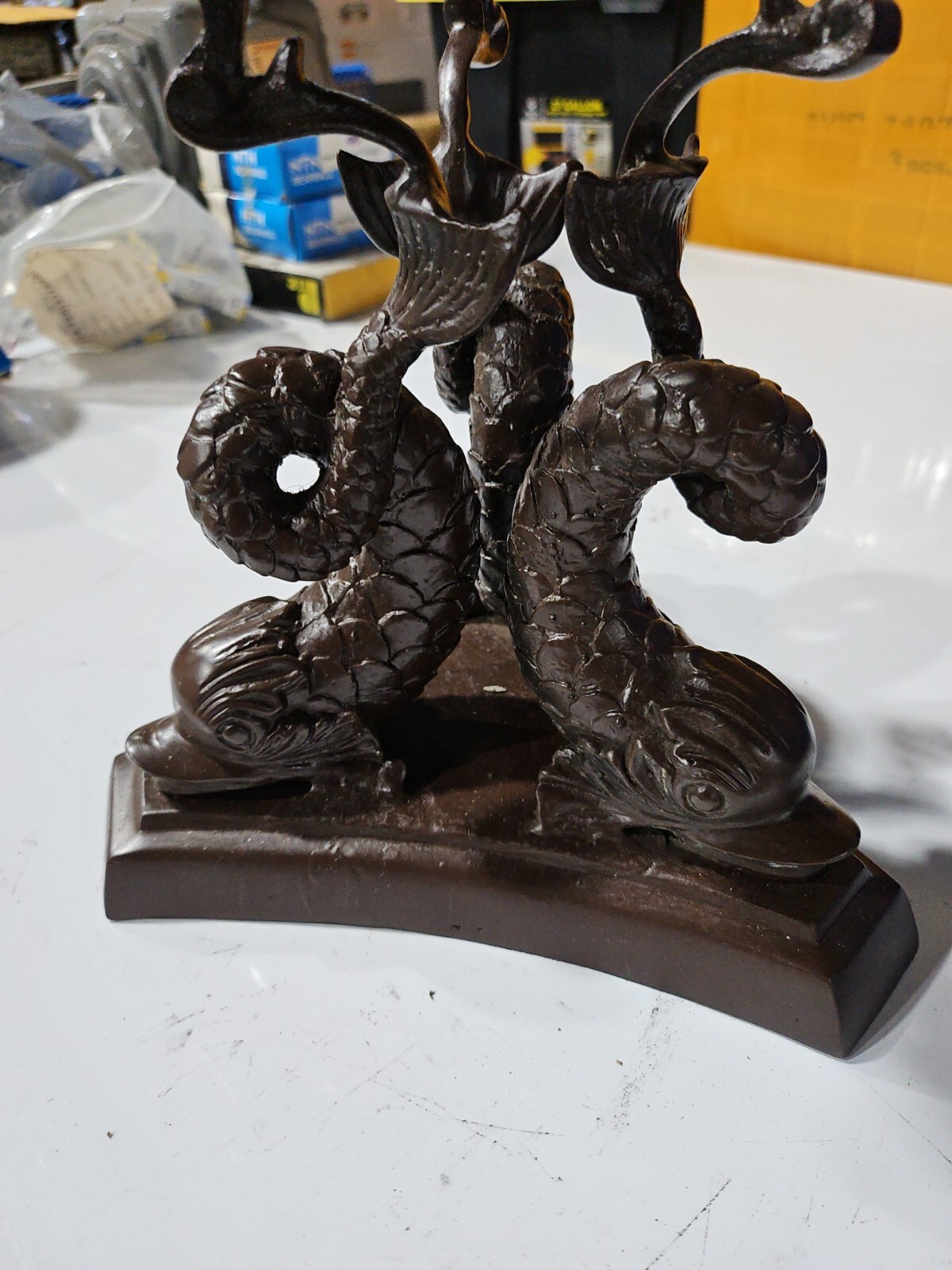 Vintage Cast Bronze Koi Dolphin Fish Candle Holders on Bronze Base