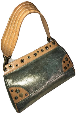 Luxury MOSCHINO  Vtg Greenish-Gold Lambskin Leather Shoulder Handbag Authentic