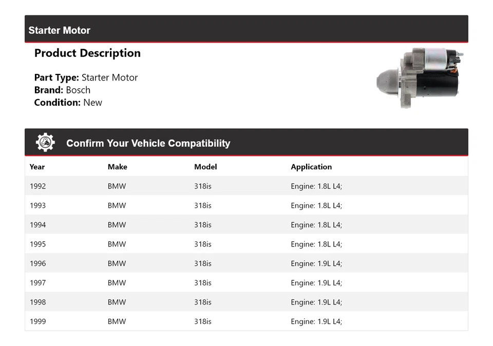 适用于 1992 - 1999 年宝马 318is Bosch Starter(全新)1993 1994 1996 1997 1998 — 第 2/4 张图片