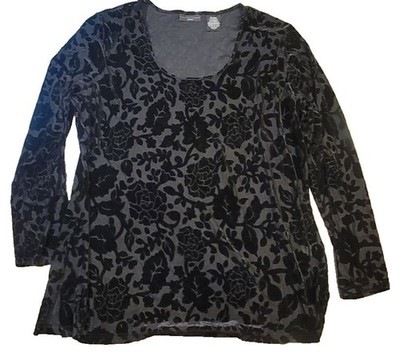 Velvet Burnout Black Tunic SZ 16-18 Whimsigoth Witchy Dark Floral Scoop Neck
