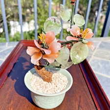 Vintage Jade Bonsai Tree Pink Cherry Blossom Style Flowers Potted in Celadon Cer