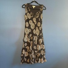 Y2K Dressbarn Ruffle Dress Women's Size 8 Asymmetrical Chiffon Black Print Boho