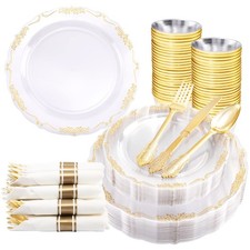 175 Pieces Gold-Plastic-Plates and Napkins-Party-Supplies - Clear and Gold Di...