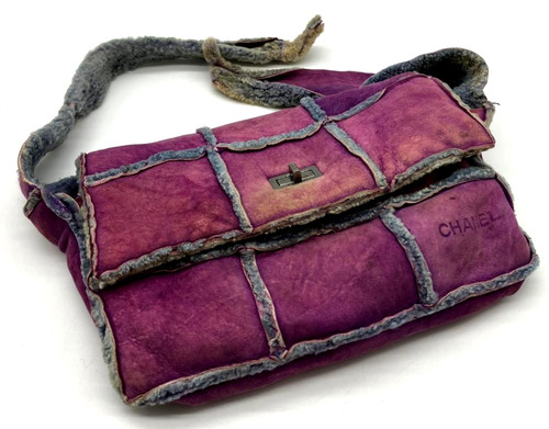 CHANEL Purple Shearling Flap Shoulder Bag Suede Logo Damaged Handle For Repair