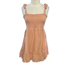 Aerie Smocked Tiered Baby Doll Sun Dress Size XL Peach Tie Straps Lightweight 