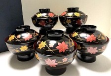 Set of 5 Lacquer Lidded Bowls – Pine & Seasonal Motif, Japanese Soup Bowls