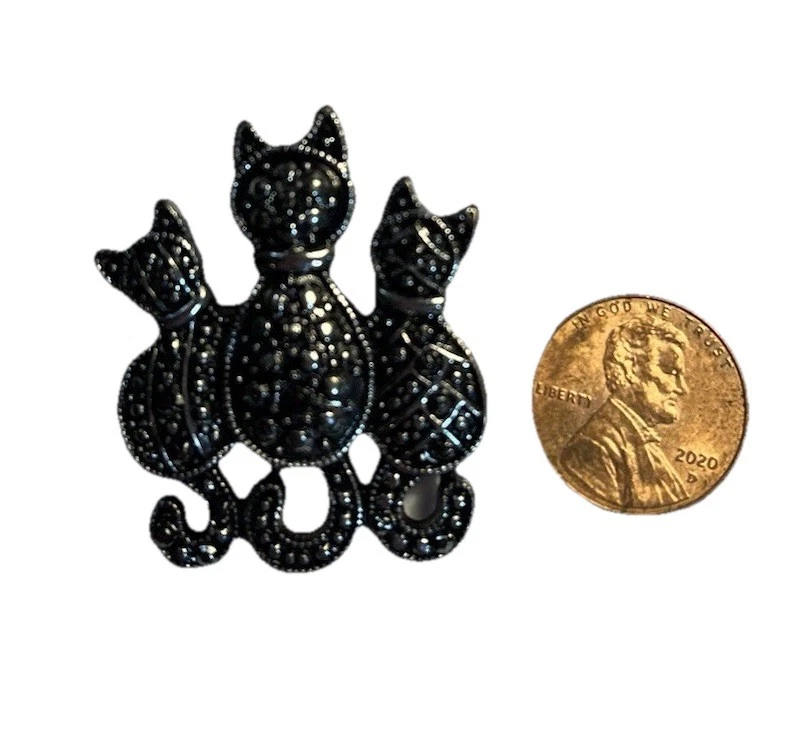 3 Cats Kitty Pin Brooch Black Cat Silver Tone Pewter Marcasite Rhinestones Gift - Image 3 of 4
