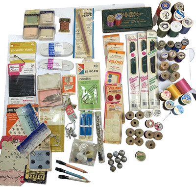 Vintage Large 75+ Collection Sewing Notions Thimble Needle Thread Buttons & More
