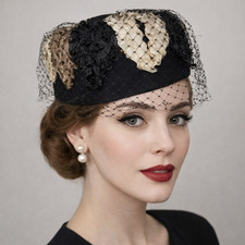 VTG 1950s Pillbox Hat Net Veil Womens Black Cream Taupe Woven Raffia Rockabilly