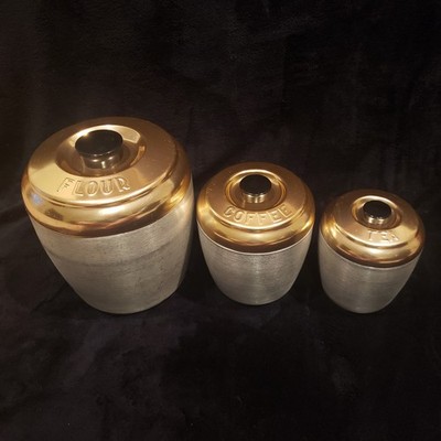Kromex Vintage Kitchen Storage Canister Set Of 3 Spun Aluminum Copper Color Lids