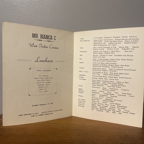 Vintage MV Bianca C West Indies Cruise Luncheon Menu Feb 1961 Year Of Sinking K - Picture 5 of 16
