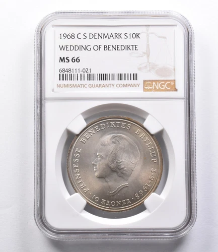 MS66 1968 C S Denmark 10 Kroner Silver Wedding Of Benedikte NGC *2923