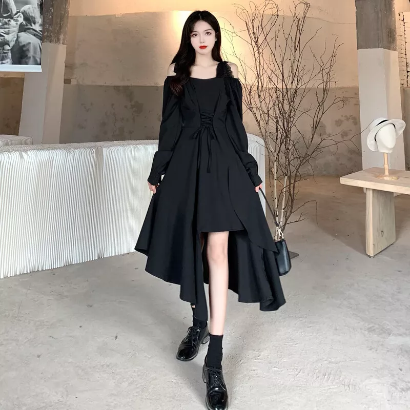 Lady Irregular Gothic Dress Off Shoulder Puff Sleeve Midi Ruffle Strappy  Lace Up