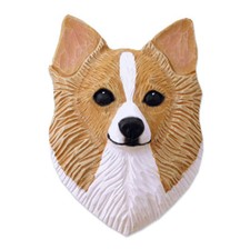 Figurine De Plaque De Tête De Chihuahua Fawn/Blanc À Poils Longs