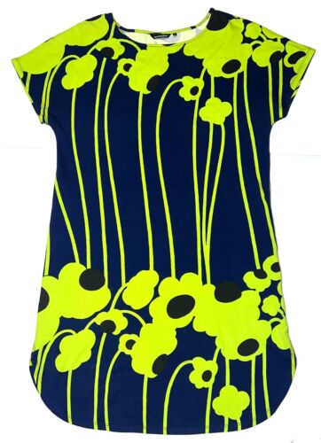 Marimekko Niili Navy Blue Green Short Sleeve Floral Flower Stretch Shift Dress S