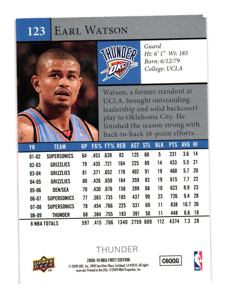 2009-10 Upper Deck First Edition #123 Earl Watson Oklahoma City Thunder - Image 2 of 2