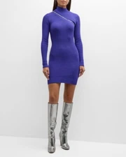 Ser.O.Ya Oceana Asymmetric Zip Knit Long Sleeve Mini Dress long sleeve blue SZ M