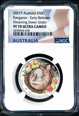 2021 TUVALU Dreaming Down Under   Kangaroo Silver Proof NGC PF 70 1/2oz Coin ER