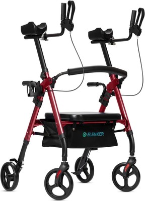  2025 Red Elenker Heavy Duty Upright Rollator Walker Extra Wide Seat  500Lbs