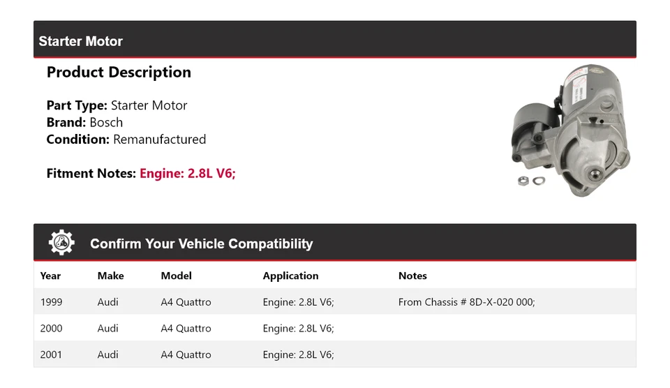 For 1999-2001 Audi A4 Quattro 2.8L V6 Bosch Starter (Remanufactured) 2000 - Image 2 of 4