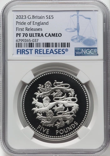 GREAT BRITAIN , £5 PRIDE OF ENGLAND CHARLES III 2023 (BL)  NGC PF 70 UC , RARE