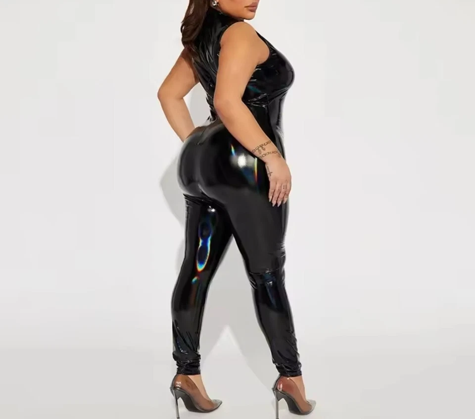 Plus Size Übergröße Bodycon Jumpsuit Catsuit Lack-Optik Wet Reißverschluss L-7XL - Bild 4 von 4