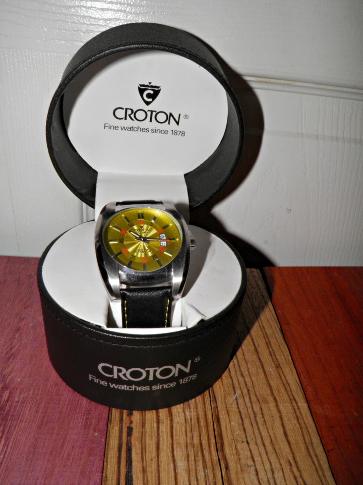 Vintage Croton 1878 Aquamatic Day Date YELLOW RED Dial Wrist Watch NEW OLD STOCK - Image 2 of 4