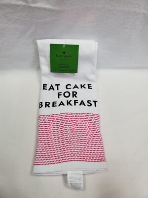 Kate Spade '' EAT CAKE FOR BREAKFAST'' Set of Two White Kitchen Dish Towels NWT