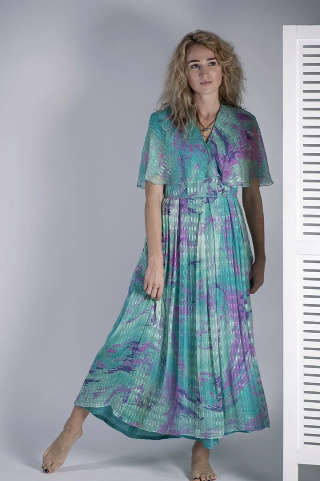 Maxi Vestido Vintage Años 70 Seda Abstracto Estampado Acuarela, Talla M Foto 3 de 4