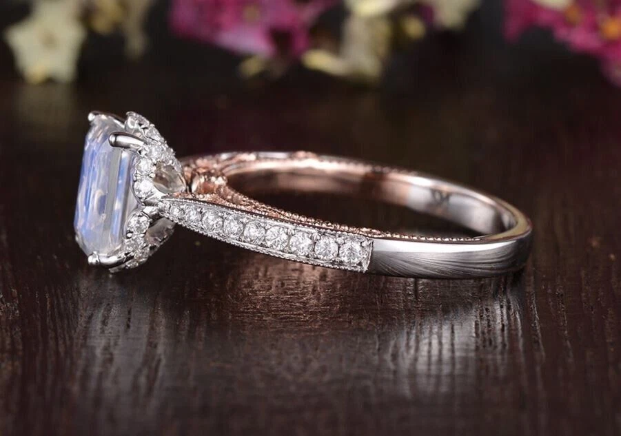 Emerald cut cheap moonstone engagement ring
