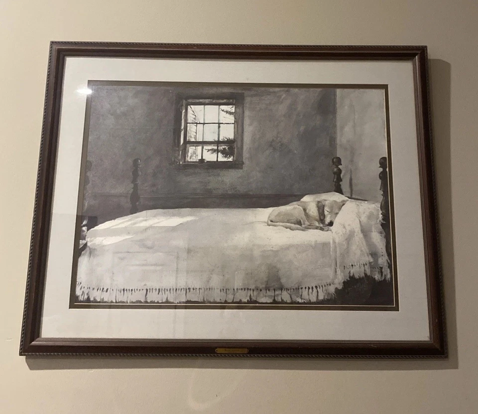 Andrew Wyeth "Master Bedroom" Hund Kunstwerk GERAHMT Americana USA 26x33