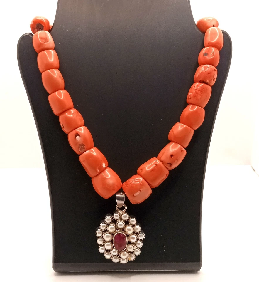 collana in corallo con pendente in argento 925 pietra e perline vintage anni 90 - Immagine 3 di 4