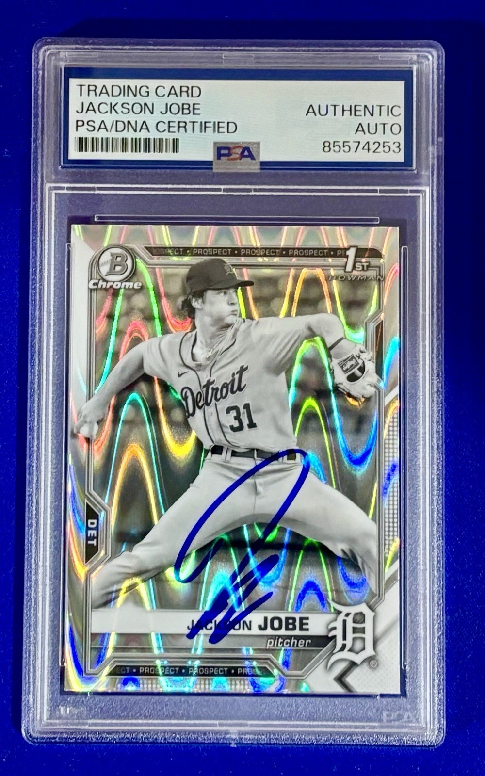 PSA/DNA Jackson Jobe SIGNED 2021 Bowman Chrome RayWave #BDC69 RC Auto Tigers