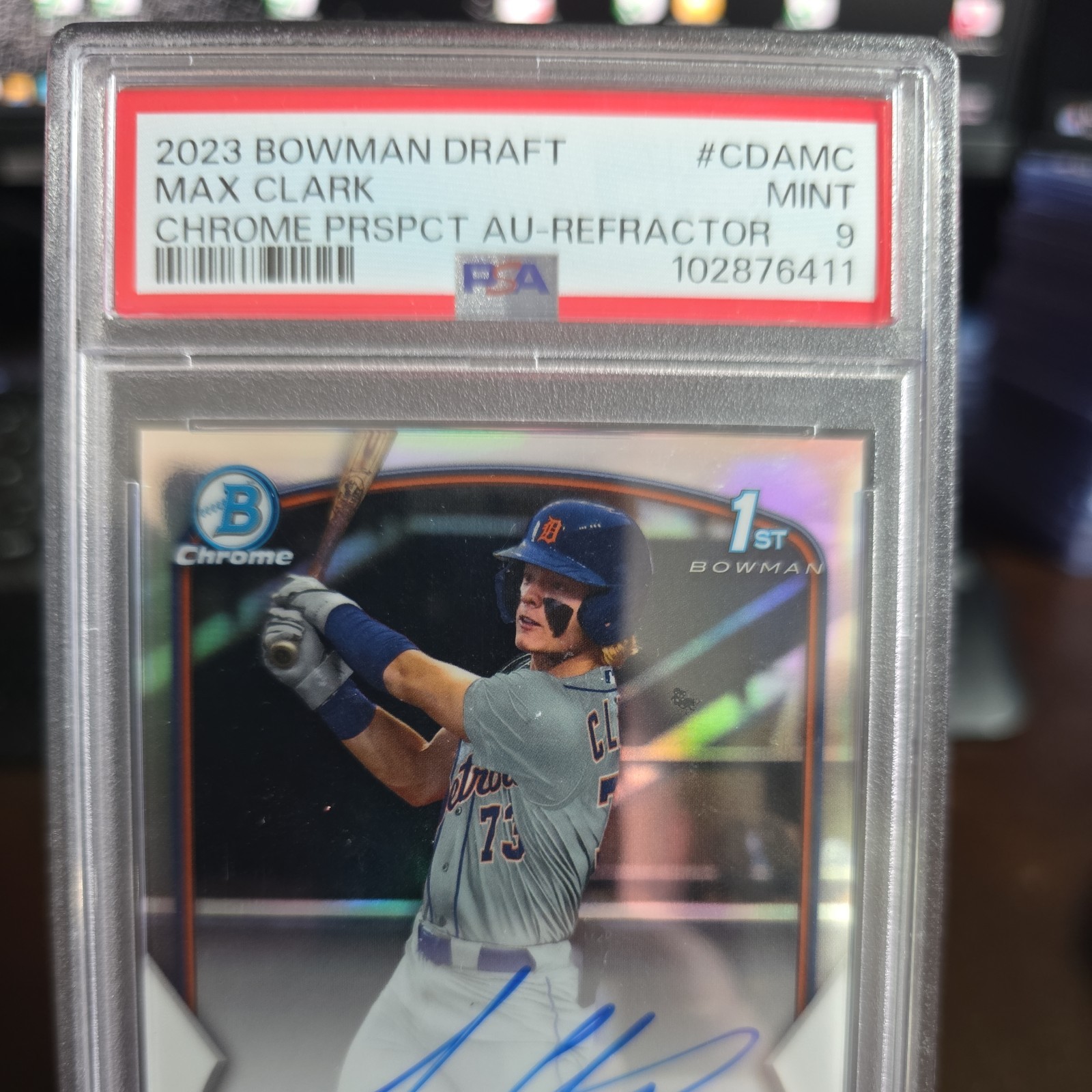 2023 Bowman Draft - Chrome Prospect Autographs Max Clark Refractor /499 PSA 9 view 3